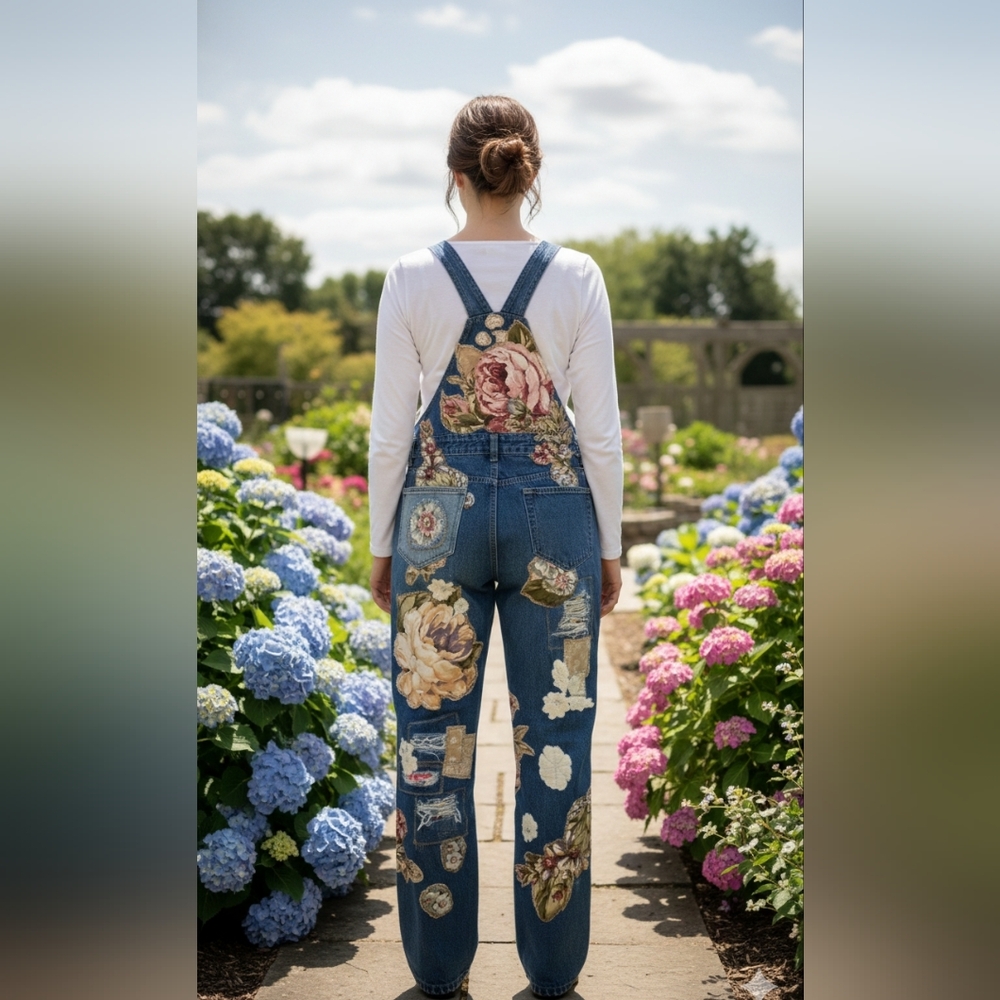 Floral Upcycled Patchwork Dark Denim Overalls By … - image 2
